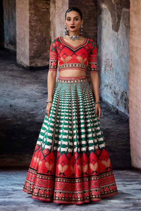 Buy_Rajdeep Ranawat_Multi Color Dupion, Lycra, Chiffon Sequins, Bethari Leela Printed Skirt Set 
