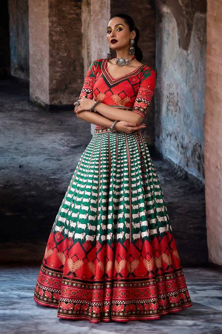 Shop_Rajdeep Ranawat_Multi Color Dupion, Lycra, Chiffon Sequins, Bethari Leela Printed Skirt Set 