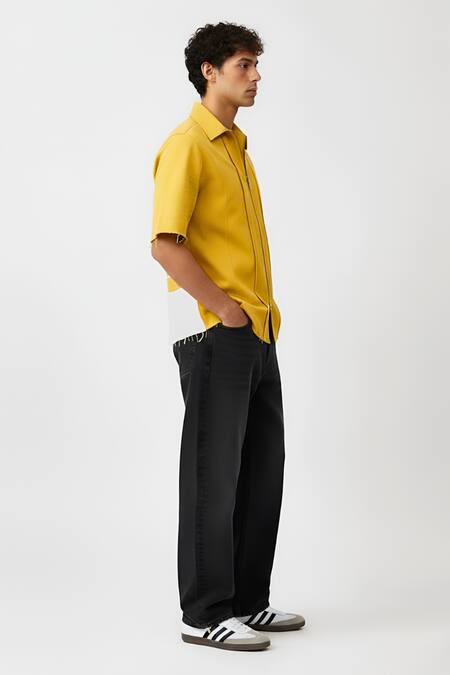Shop_Neora By Nehal Chopra_Yellow Twill Pintuck Collared Shirt _Online_at_Aza_Fashions