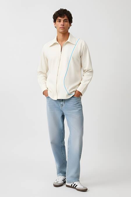 Shop_Neora By Nehal Chopra_Ivory Twill Stripe Pattern Zip Shirt _Online_at_Aza_Fashions