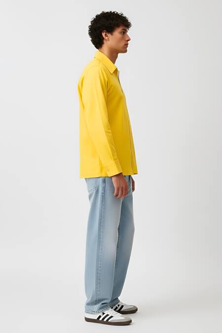 Shop_Neora By Nehal Chopra_Yellow Twill Collared Zip Shirt _Online_at_Aza_Fashions