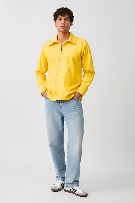 Neora By Nehal Chopra_Yellow Twill Collared Zip Shirt _at_Aza_Fashions