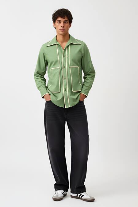 Neora By Nehal Chopra_Green Twill Piping Stripe Pattern Shirt _at_Aza_Fashions