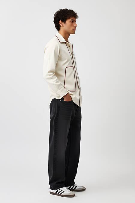 Shop_Neora By Nehal Chopra_Ivory Twill Stripe Pattern Flap Shirt _Online_at_Aza_Fashions