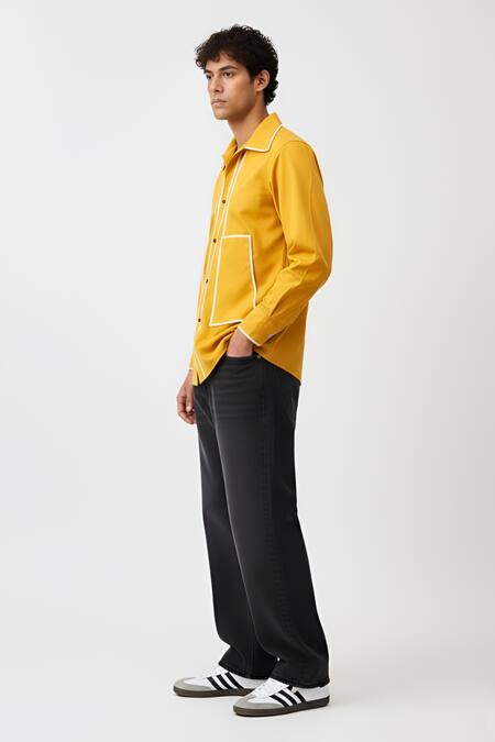 Shop_Neora By Nehal Chopra_Yellow Twill Collared Flap Shirt _Online_at_Aza_Fashions
