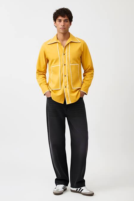 Neora By Nehal Chopra_Yellow Twill Collared Flap Shirt _at_Aza_Fashions