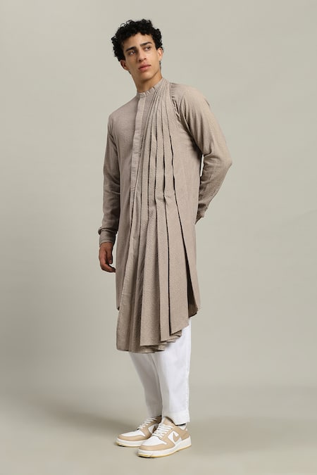 Studio Error_Gray Cotton Front Draped Kurta _Online_at_Aza_Fashions