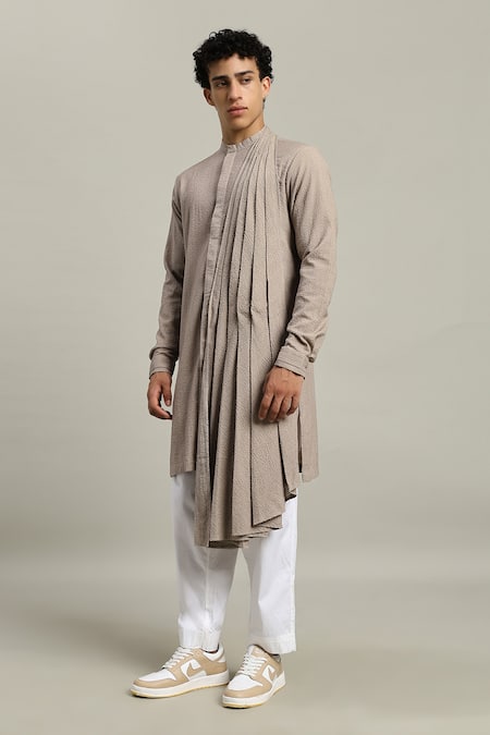 Studio Error_Gray Cotton Front Draped Kurta _at_Aza_Fashions