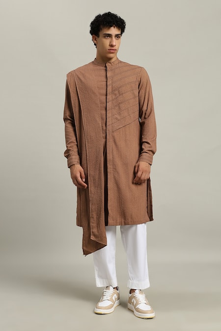 Buy_Studio Error_Rust Cotton Embroidery Shoulder Draped Long Kurta _Online_at_Aza_Fashions
