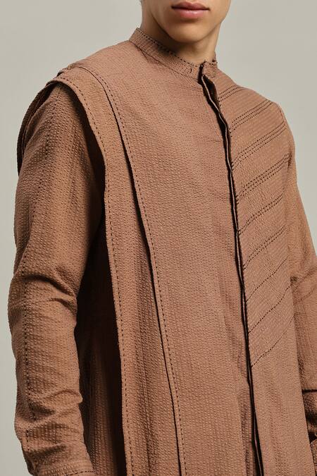 Buy_Studio Error_Rust Cotton Embroidery Shoulder Draped Long Kurta 