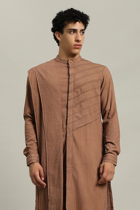 Shop_Studio Error_Rust Cotton Embroidery Shoulder Draped Long Kurta 