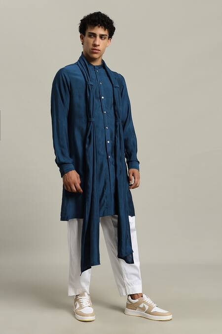 Studio Error_Blue Cotton, Silk Loop Draped Kurta _Online_at_Aza_Fashions