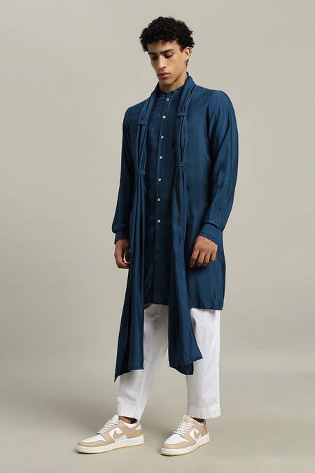 Buy_Studio Error_Blue Cotton, Silk Loop Draped Kurta _Online_at_Aza_Fashions
