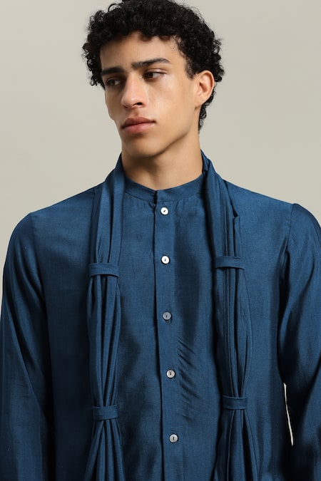 Shop_Studio Error_Blue Cotton, Silk Loop Draped Kurta _Online_at_Aza_Fashions