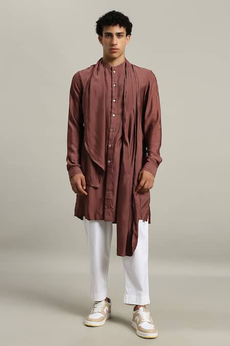 Studio Error Rust Cotton, Silk Embroidery Draped Kurta Online at Aza Fashions Studio Error_Rust Cotton, Silk Embroidery Draped Kurta _Online_at_Aza_Fashions