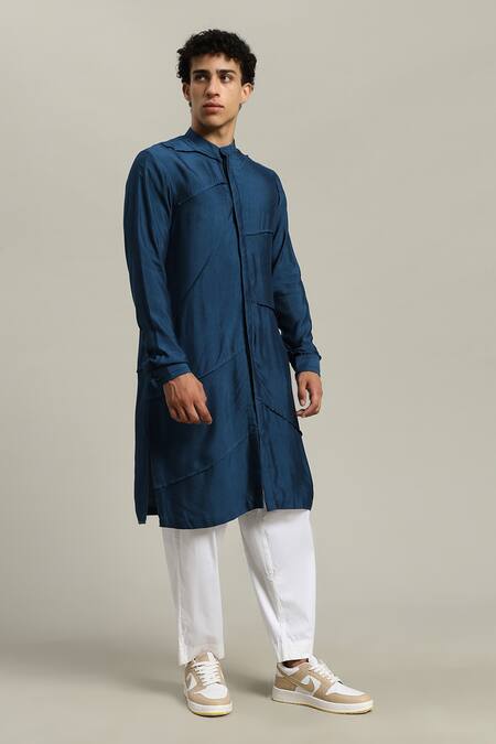 Studio Error_Blue Cotton, Silk Pintucked Detail Kurta _Online_at_Aza_Fashions