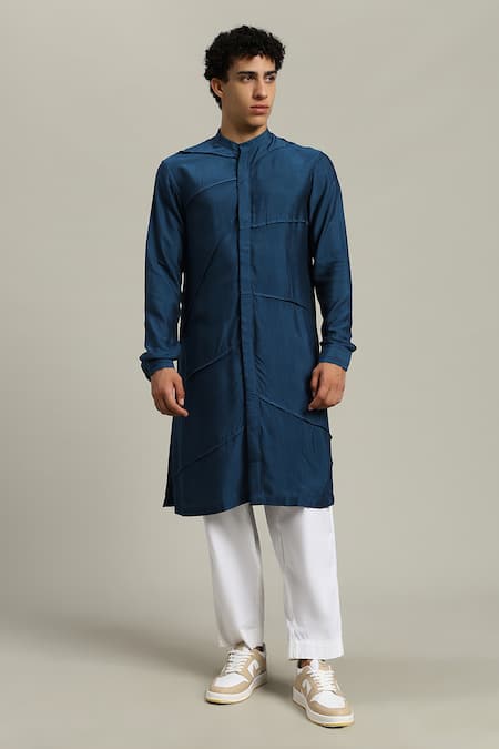 Shop_Studio Error_Blue Cotton, Silk Pintucked Detail Kurta _Online_at_Aza_Fashions