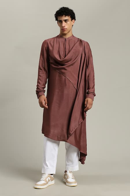 Shop_Studio Error_Rust Cotton, Silk Embroidery Side Box Draped Kurta _Online_at_Aza_Fashions
