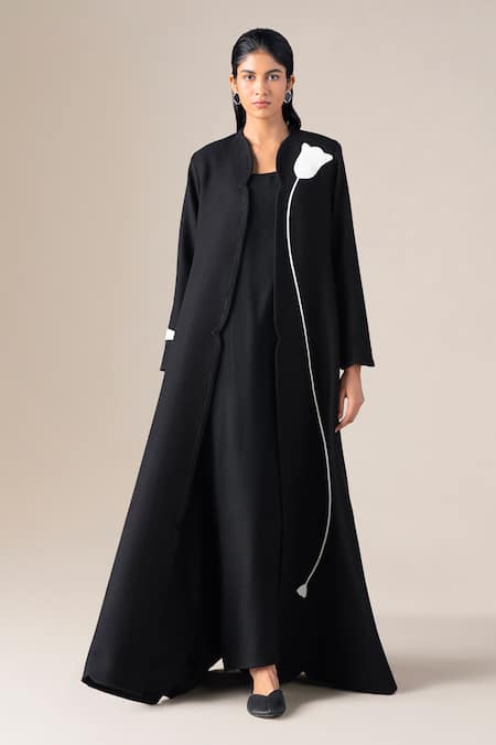 Shop_Ampm_Black Wool Embroidery Round Neck Beira Blooming Flower Abaya Jacket And Dress Set _Online_at_Aza_Fashions