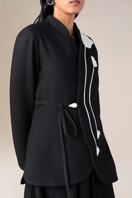 Shop Ampm Black Wool Embroidery Collared Iver Floral Jacket Shop_Ampm_Black Wool Embroidery Collared Iver Floral Jacket