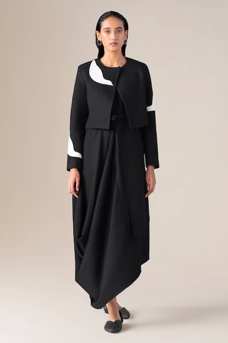 Shop Ampm Black Wool Embroidery Round Neck Azmi Bird Jacket Online at Aza Fashions Shop_Ampm_Black Wool Embroidery Round Neck Azmi Bird Jacket _Online_at_Aza_Fashions