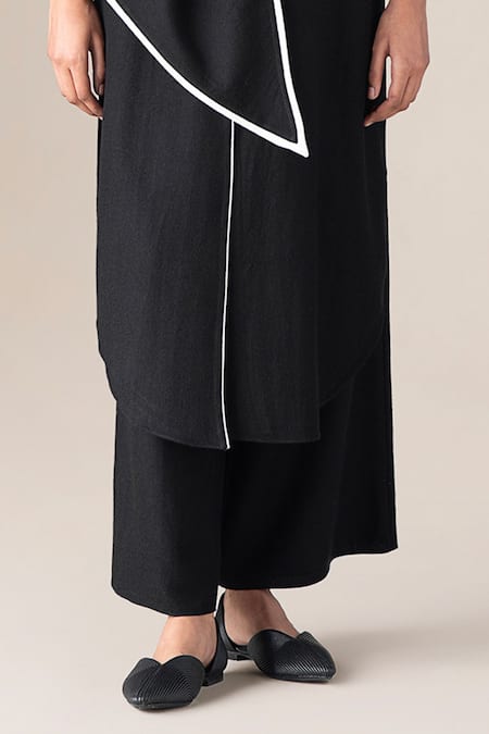 Ampm_Black Wool Piping Cowl Neck Rezan Draped Tunic And Palazzo Set _Online_at_Aza_Fashions