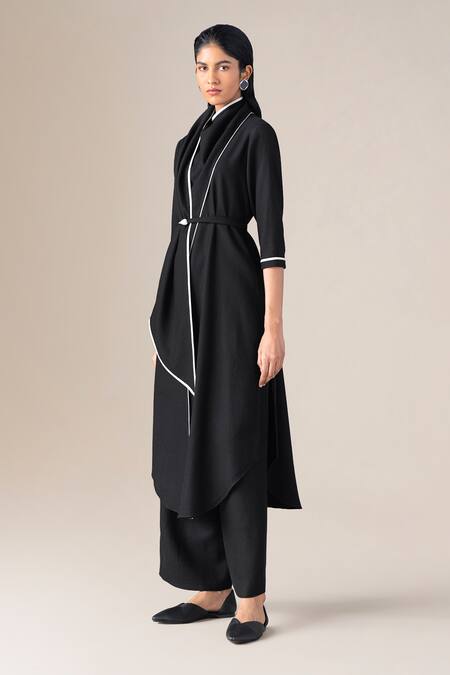 Shop_Ampm_Black Wool Piping Cowl Neck Rezan Draped Tunic And Palazzo Set _Online_at_Aza_Fashions