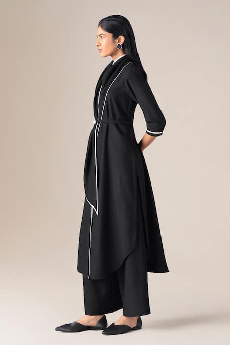 Ampm_Black Wool Piping Cowl Neck Rezan Draped Tunic And Palazzo Set _at_Aza_Fashions