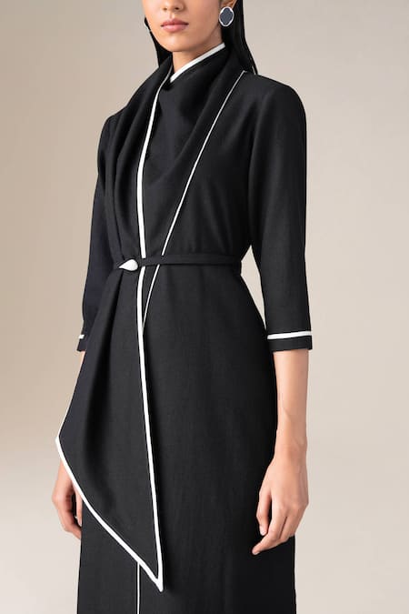 Shop_Ampm_Black Wool Piping Cowl Neck Rezan Draped Tunic And Palazzo Set 