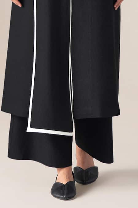 Ampm Black Wool Piping, Tassels Shawl Neck Soraya Draped Lapel Jacket With Belt Online at Aza Fashions Ampm_Black Wool Piping, Tassels Shawl Neck Soraya Draped Lapel Jacket With Belt _Online_at_Aza_Fashions
