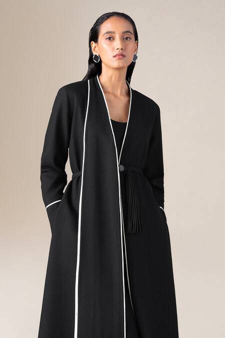 Buy Ampm Black Wool Piping, Tassels Shawl Neck Soraya Draped Lapel Jacket With Belt Online at Aza Fashions Buy_Ampm_Black Wool Piping, Tassels Shawl Neck Soraya Draped Lapel Jacket With Belt _Online_at_Aza_Fashions
