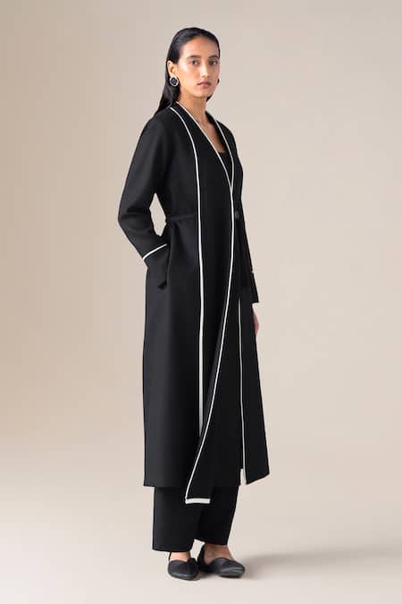 Shop Ampm Black Wool Piping, Tassels Shawl Neck Soraya Draped Lapel Jacket With Belt Online at Aza Fashions Shop_Ampm_Black Wool Piping, Tassels Shawl Neck Soraya Draped Lapel Jacket With Belt _Online_at_Aza_Fashions