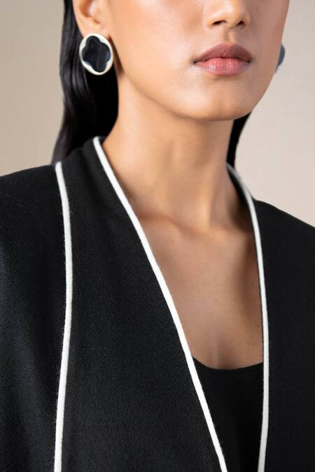 Ampm Black Wool Piping, Tassels Shawl Neck Soraya Draped Lapel Jacket With Belt at Aza Fashions Ampm_Black Wool Piping, Tassels Shawl Neck Soraya Draped Lapel Jacket With Belt _at_Aza_Fashions