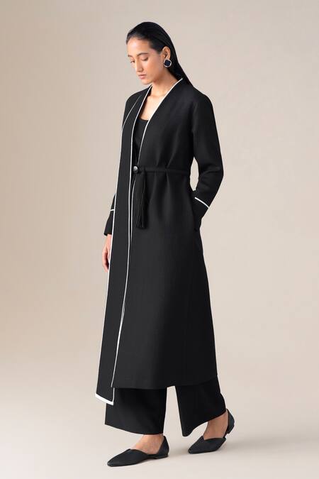 Buy Ampm Black Wool Piping, Tassels Shawl Neck Soraya Draped Lapel Jacket With Belt Buy_Ampm_Black Wool Piping, Tassels Shawl Neck Soraya Draped Lapel Jacket With Belt