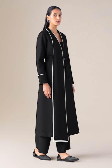 Shop Ampm Black Wool Piping, Tassels Shawl Neck Soraya Draped Lapel Jacket With Belt Shop_Ampm_Black Wool Piping, Tassels Shawl Neck Soraya Draped Lapel Jacket With Belt