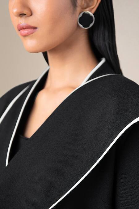 Ampm_Black Wool Piping, Tassels V-neck, Open Soraya Draped Lapel Abaya Jacket Set _Online_at_Aza_Fashions