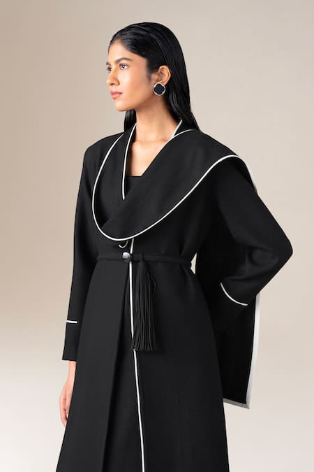 Buy_Ampm_Black Wool Piping, Tassels V-neck, Open Soraya Draped Lapel Abaya Jacket Set _Online_at_Aza_Fashions