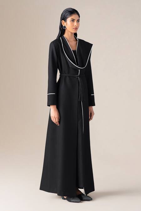Shop_Ampm_Black Wool Piping, Tassels V-neck, Open Soraya Draped Lapel Abaya Jacket Set _Online_at_Aza_Fashions