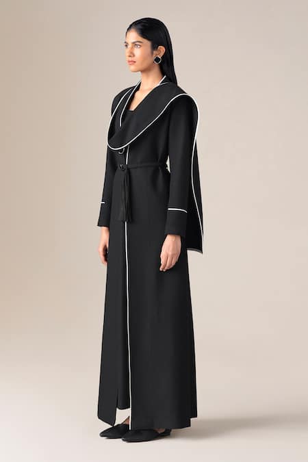 Ampm_Black Wool Piping, Tassels V-neck, Open Soraya Draped Lapel Abaya Jacket Set _at_Aza_Fashions