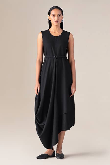 Ampm Black Wool Round Neck Bria Asymmetric Draped Dress With Belt Online at Aza Fashions Ampm_Black Wool Round Neck Bria Asymmetric Draped Dress With Belt _Online_at_Aza_Fashions