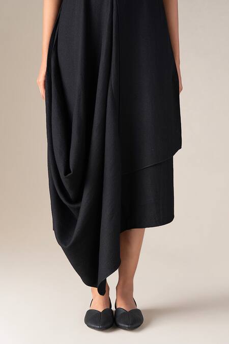 Shop Ampm Black Wool Round Neck Bria Asymmetric Draped Dress With Belt Online at Aza Fashions Shop_Ampm_Black Wool Round Neck Bria Asymmetric Draped Dress With Belt _Online_at_Aza_Fashions
