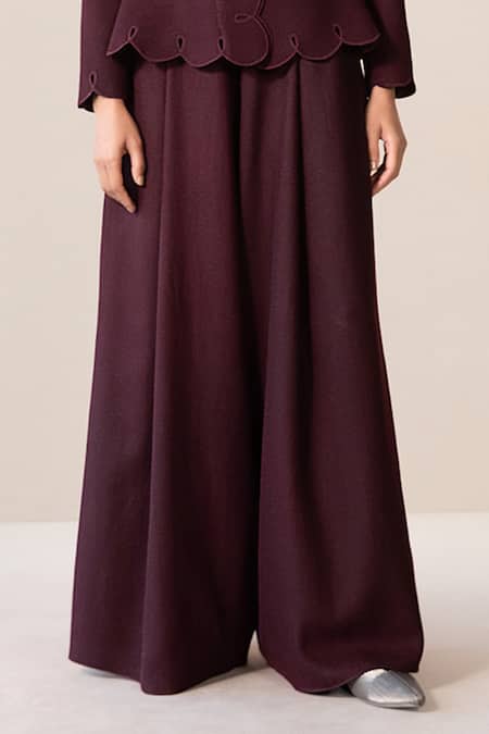 Ampm_Burgundy Wool Cut Work, Embroidery High Neck Medha Peplum Jacket And Palazzo Set _Online_at_Aza_Fashions