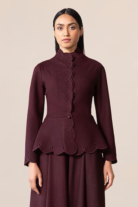 Buy_Ampm_Burgundy Wool Cut Work, Embroidery High Neck Medha Peplum Jacket And Palazzo Set _Online_at_Aza_Fashions