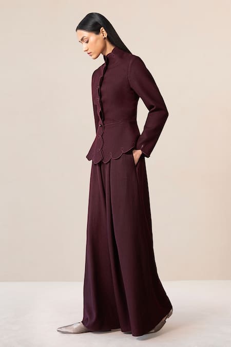 Ampm_Burgundy Wool Cut Work, Embroidery High Neck Medha Peplum Jacket And Palazzo Set _at_Aza_Fashions
