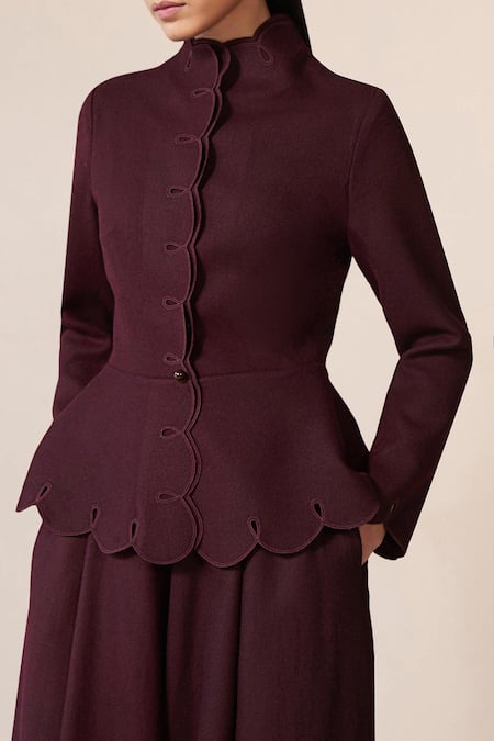 Buy_Ampm_Burgundy Wool Cut Work, Embroidery High Neck Medha Peplum Jacket And Palazzo Set 
