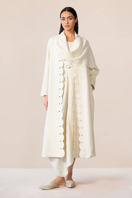Ampm_Ivory Wool Embroidery, Cut Work Cowl Neck Seba Scalloped Hem Draped Jacket _Online_at_Aza_Fashions