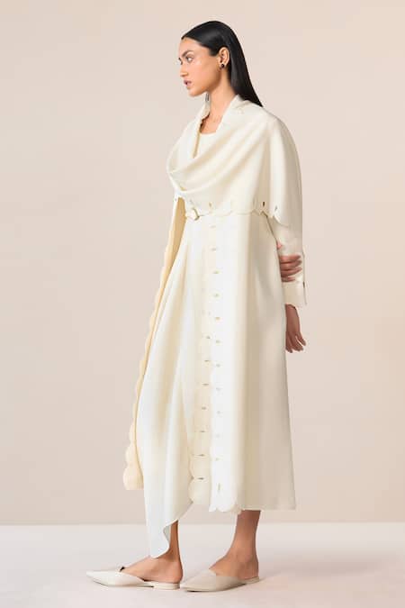 Buy_Ampm_Ivory Wool Embroidery, Cut Work Cowl Neck Seba Scalloped Hem Draped Jacket _Online_at_Aza_Fashions