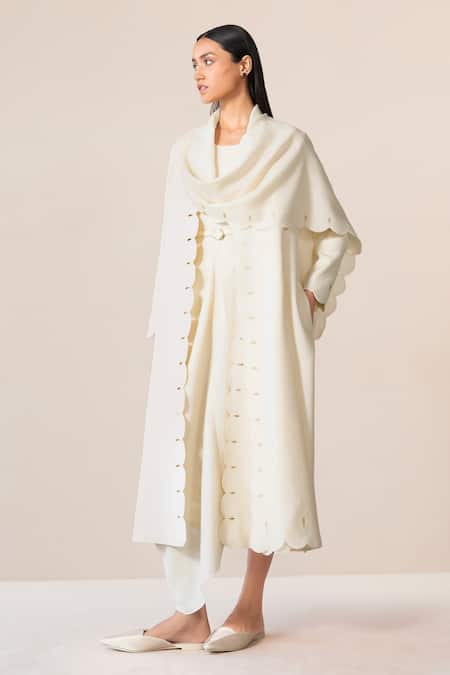 Shop_Ampm_Ivory Wool Embroidery, Cut Work Cowl Neck Seba Scalloped Hem Draped Jacket _Online_at_Aza_Fashions