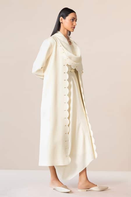 Ampm_Ivory Wool Embroidery, Cut Work Cowl Neck Seba Scalloped Hem Draped Jacket _at_Aza_Fashions