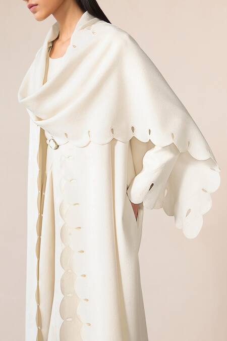 Shop_Ampm_Ivory Wool Embroidery, Cut Work Cowl Neck Seba Scalloped Hem Draped Jacket 